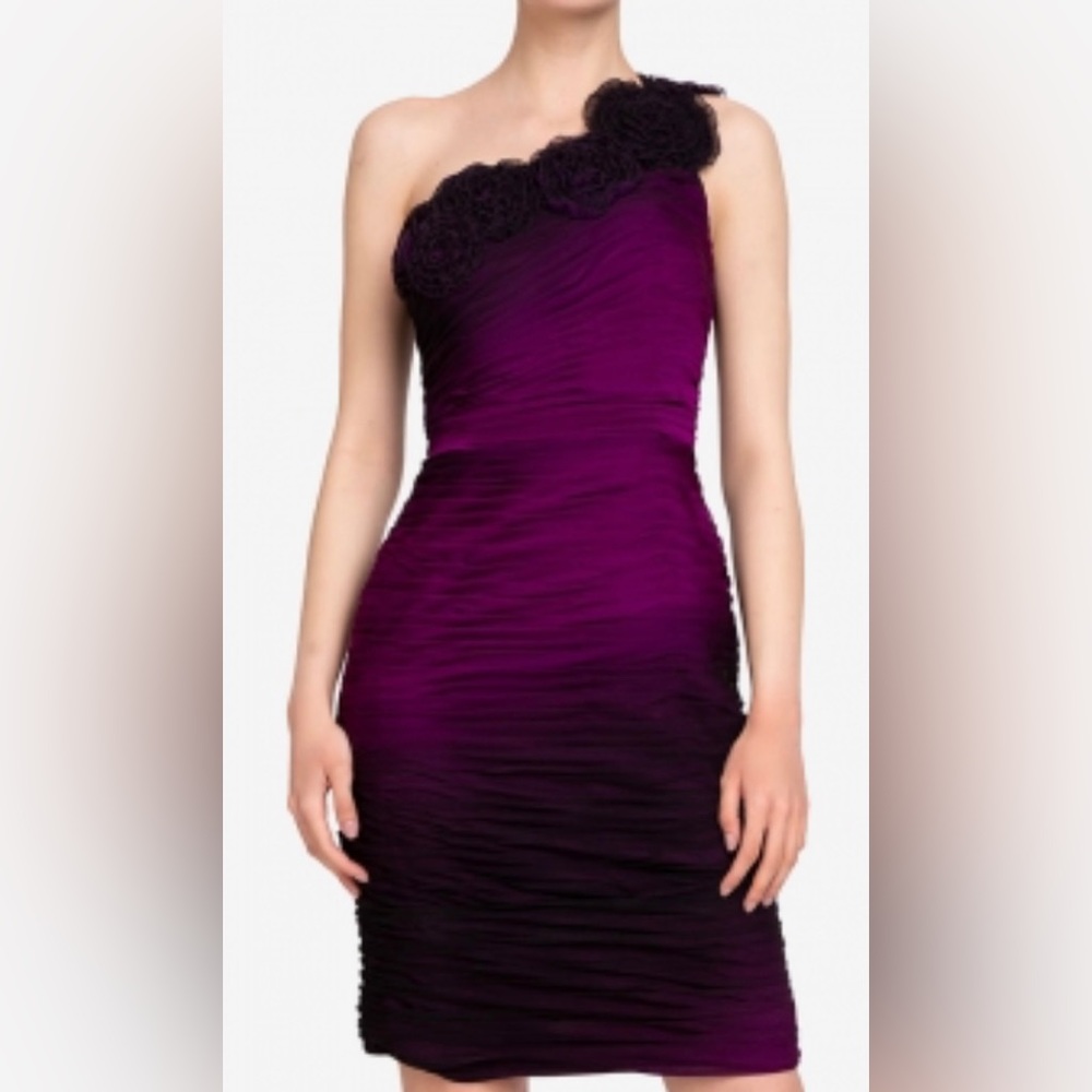 Adrianna Papell One-Shoulder Purple to Black Ombre Ruched Dress